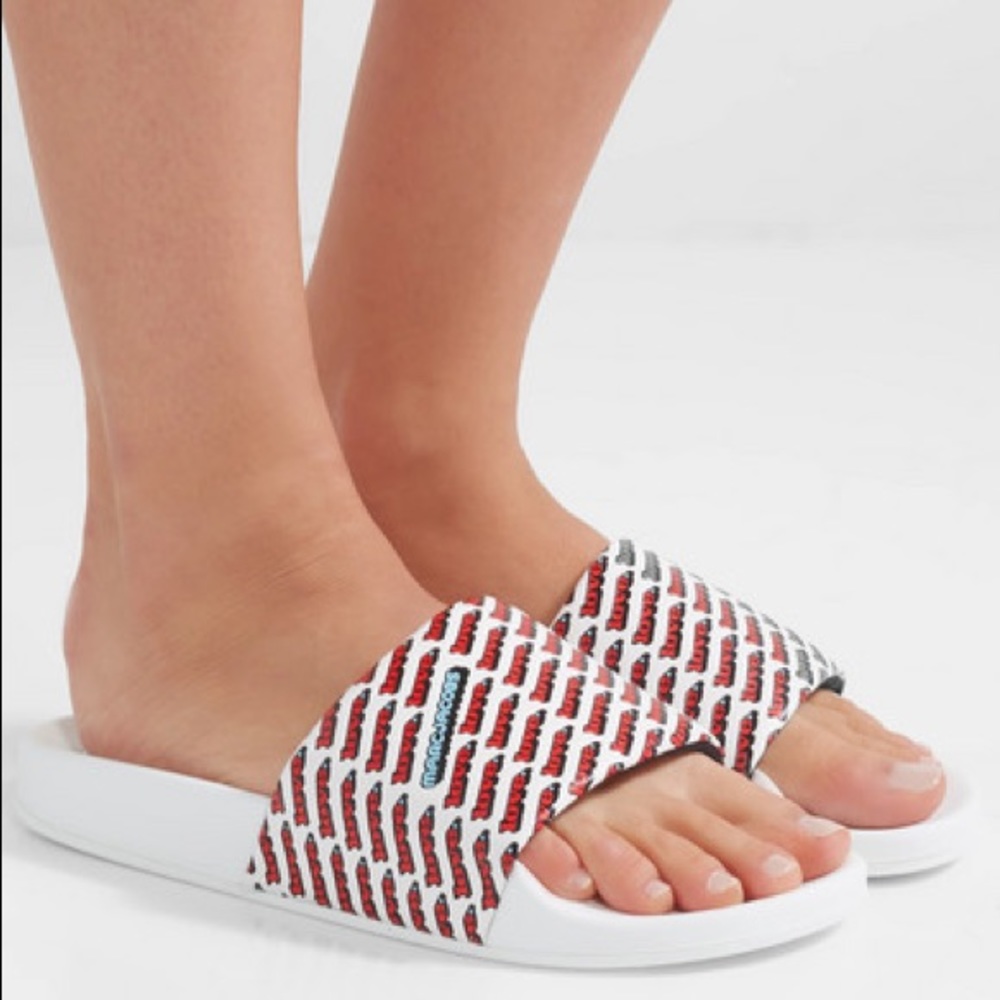 Marc Jacobs Love Printed Leather Slides White Red